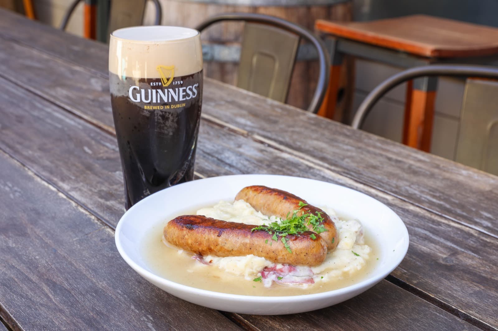 Bangers and mash with onion gravy