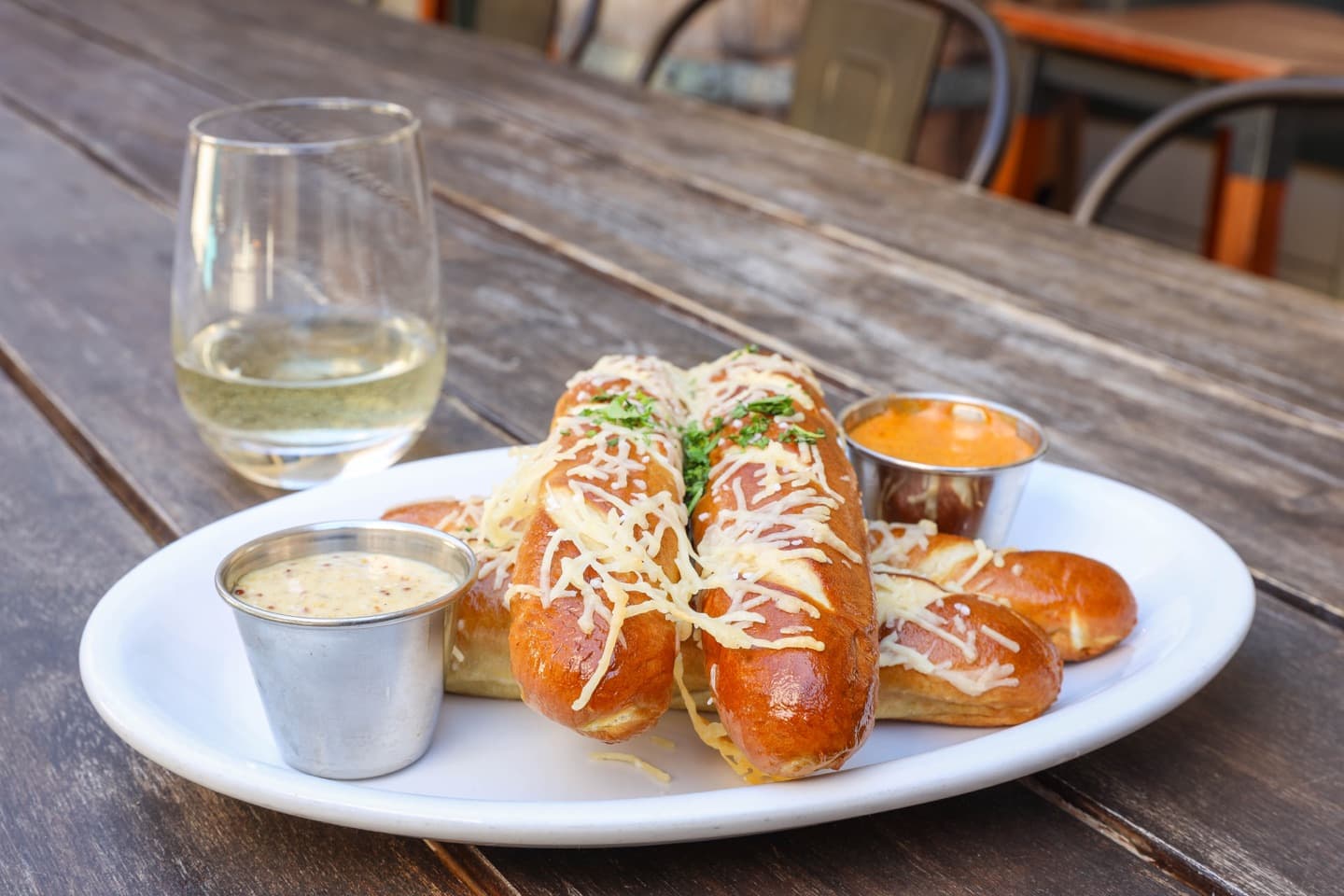 Warm pretzel sticks with two dipping sauces