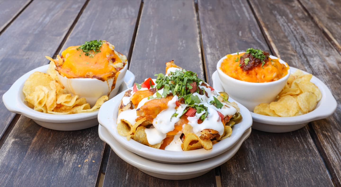 A spread of loaded chips and baked pub favorites